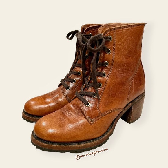 $415 Frye Sabrina 6G Cognac Brown Leather Laced Combat Chunky Heel Ankle Bootie - Picture 10 of 14